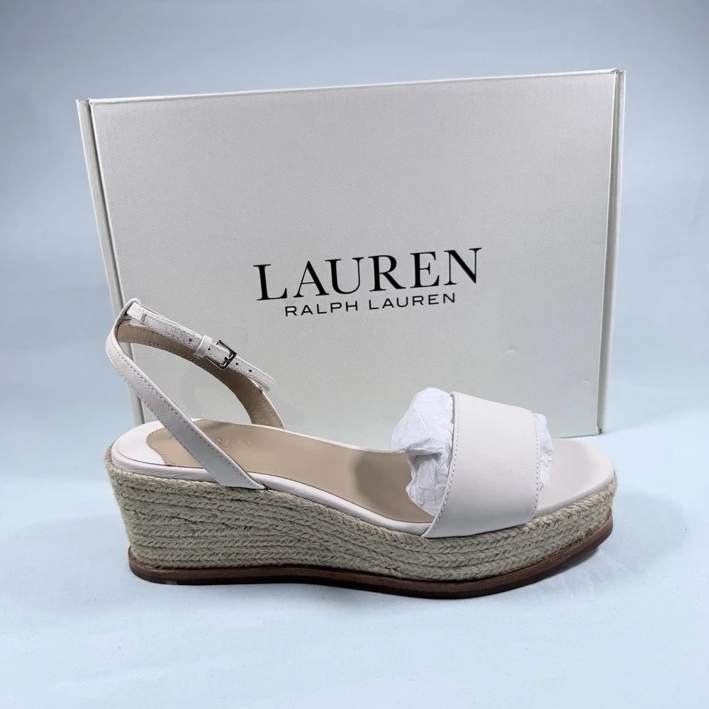 Lauren Ralph Lauren Size-7B Leona Espadrille Platform Wedge Sandal Leather White